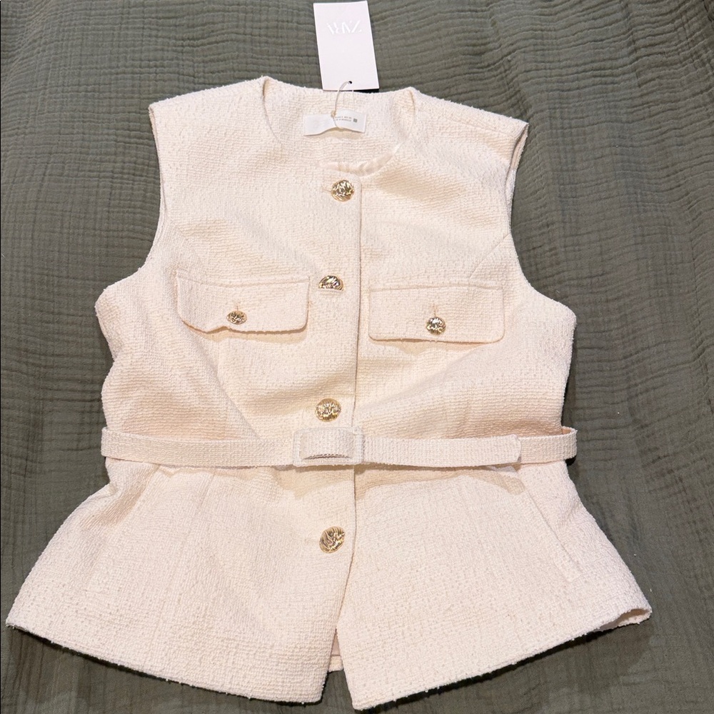 NWT Zara Ivory Tweed Vest with Metallic Accents